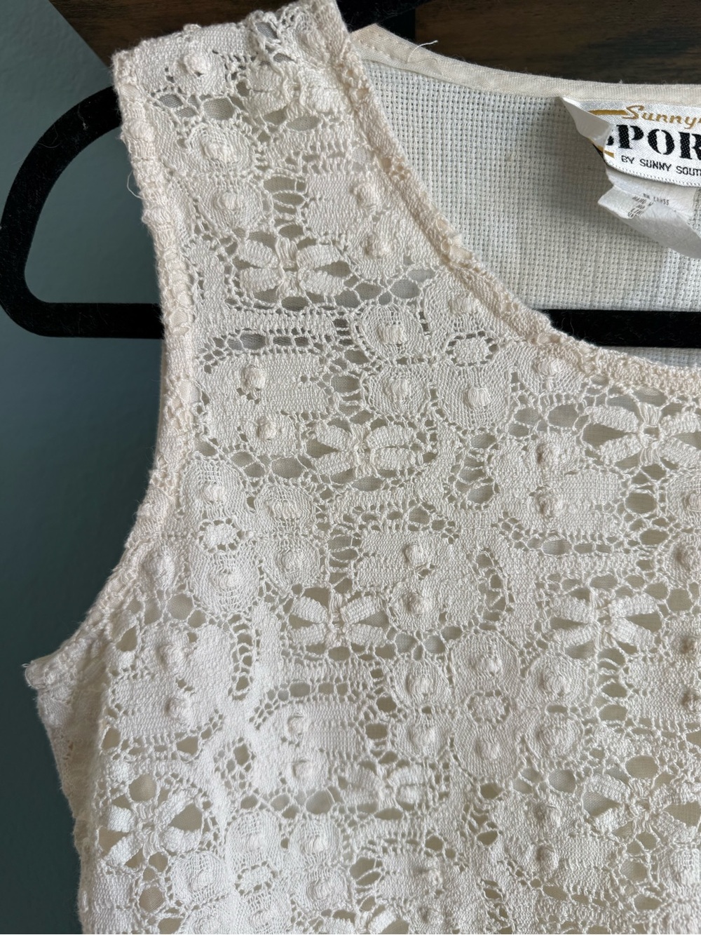 Vintage 90s Crochet Lace Tank Top Cream Cotton Sleeveless Boho Cottagecore USA